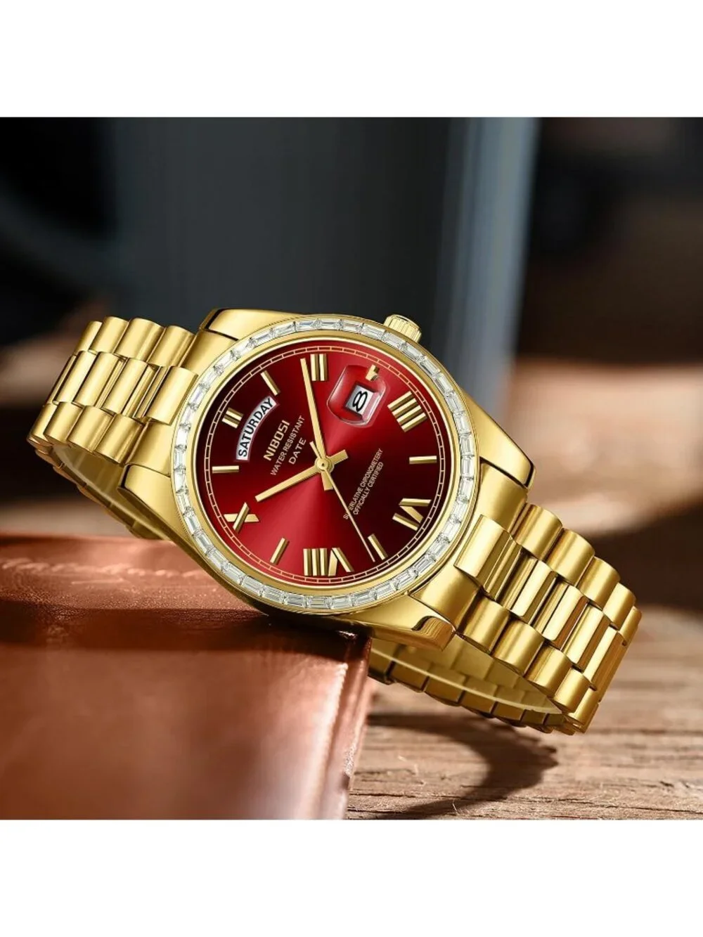 Nibosi Men's Gold Red Analog Quartz Diamond Bezel Stainless Waterproof Watch